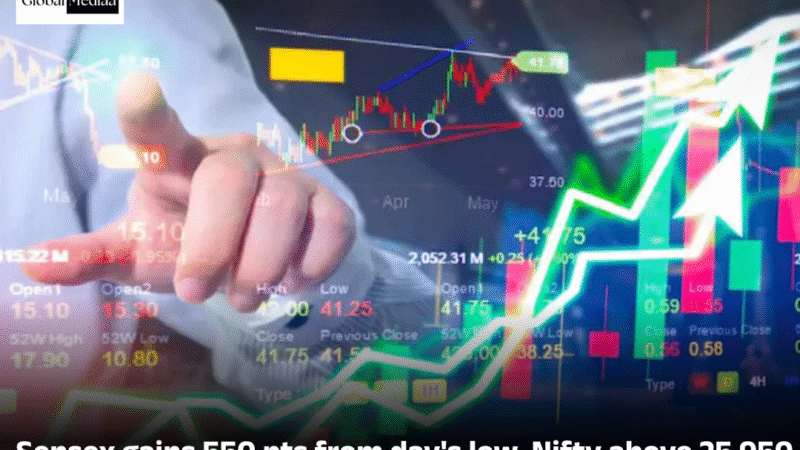 Sensex gains 550 pts from day’s low, Nifty above 25,950