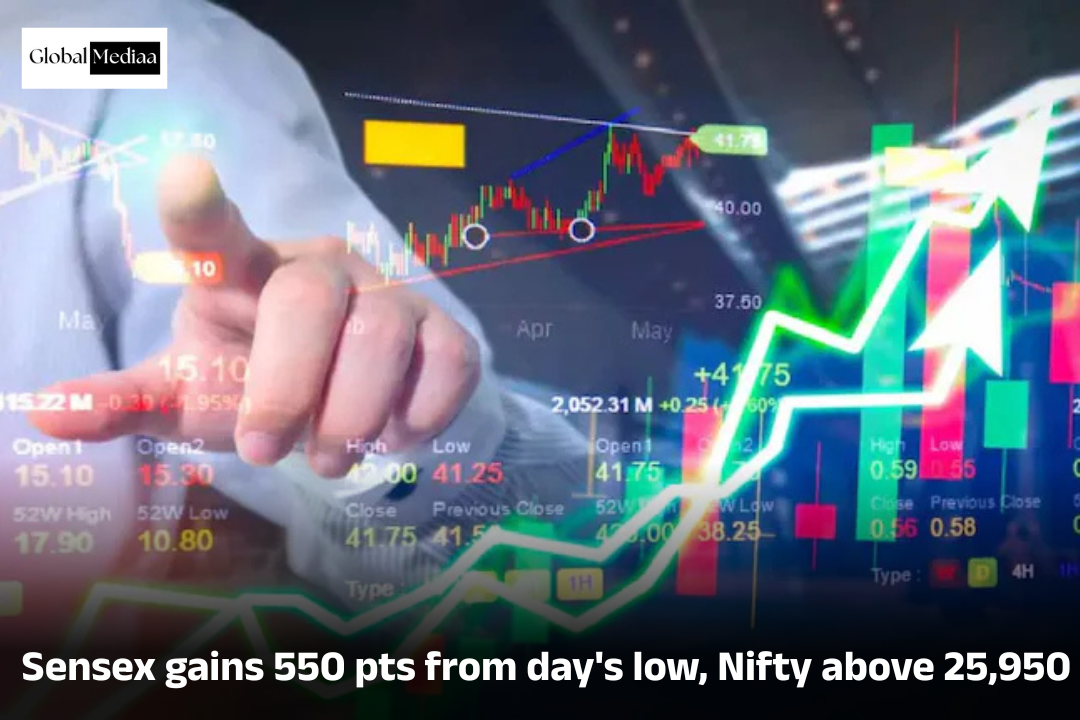 Sensex gains 550 pts from day’s low, Nifty above 25,950